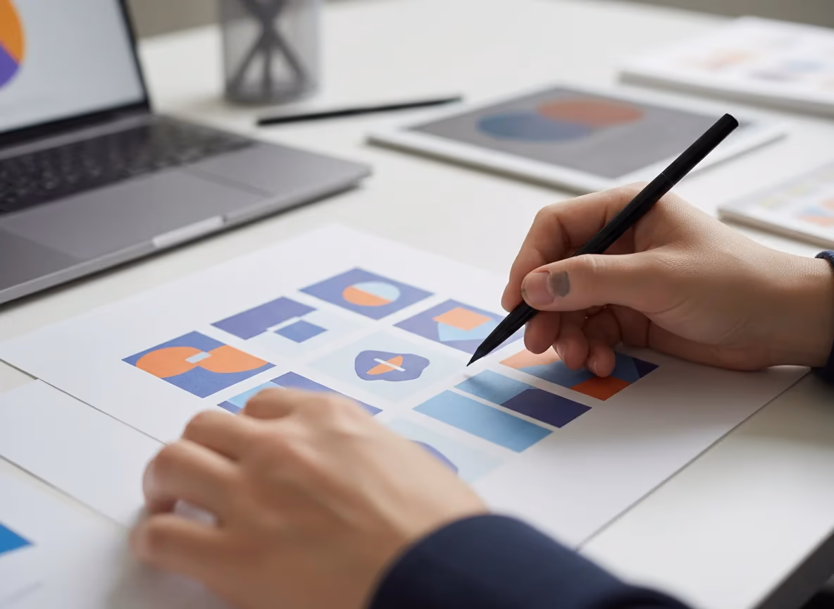 Close-up of a person's hands working on a document with colorful charts, near a laptop and tablet.
