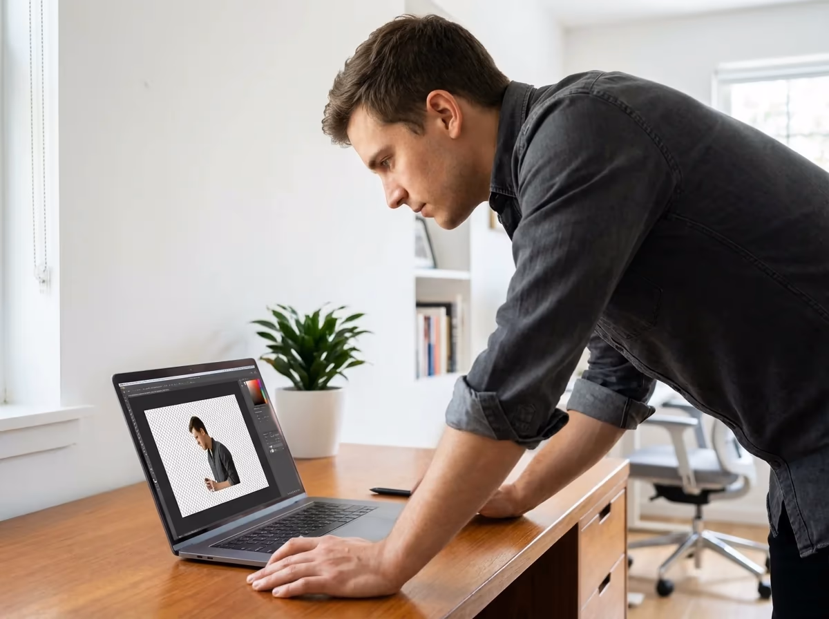 A man leans over a wooden desk, focused on a laptop displaying image editing software.