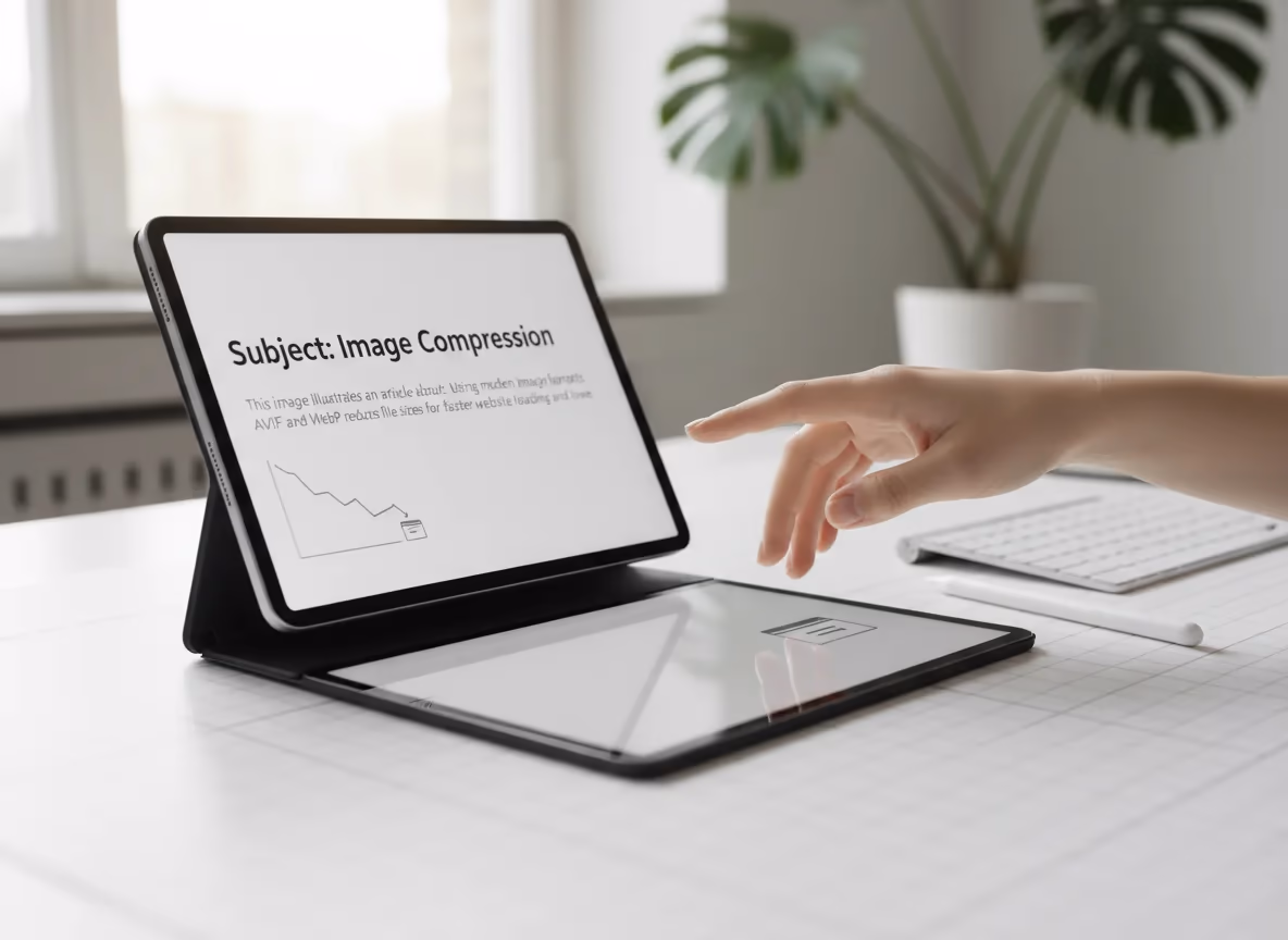 A hand interacts with a tablet displaying an article on image compression, on a minimalist desk setup.