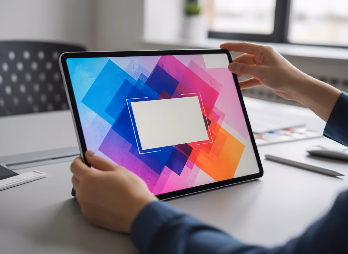 A person holds a modern tablet displaying a vibrant geometric design with a white text box placeholder.