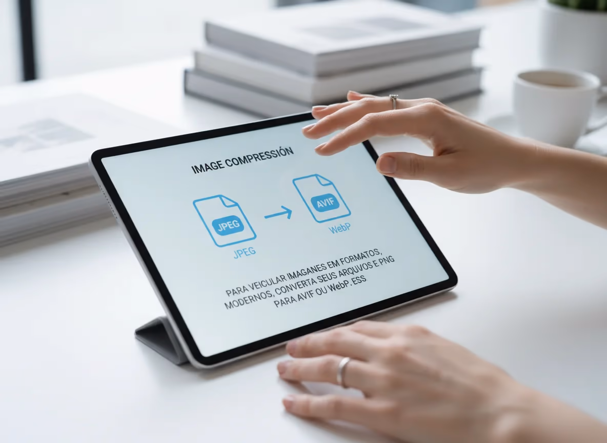 A person interacts with a tablet displaying an image compression interface, converting JPEG to AVIF or WebP.