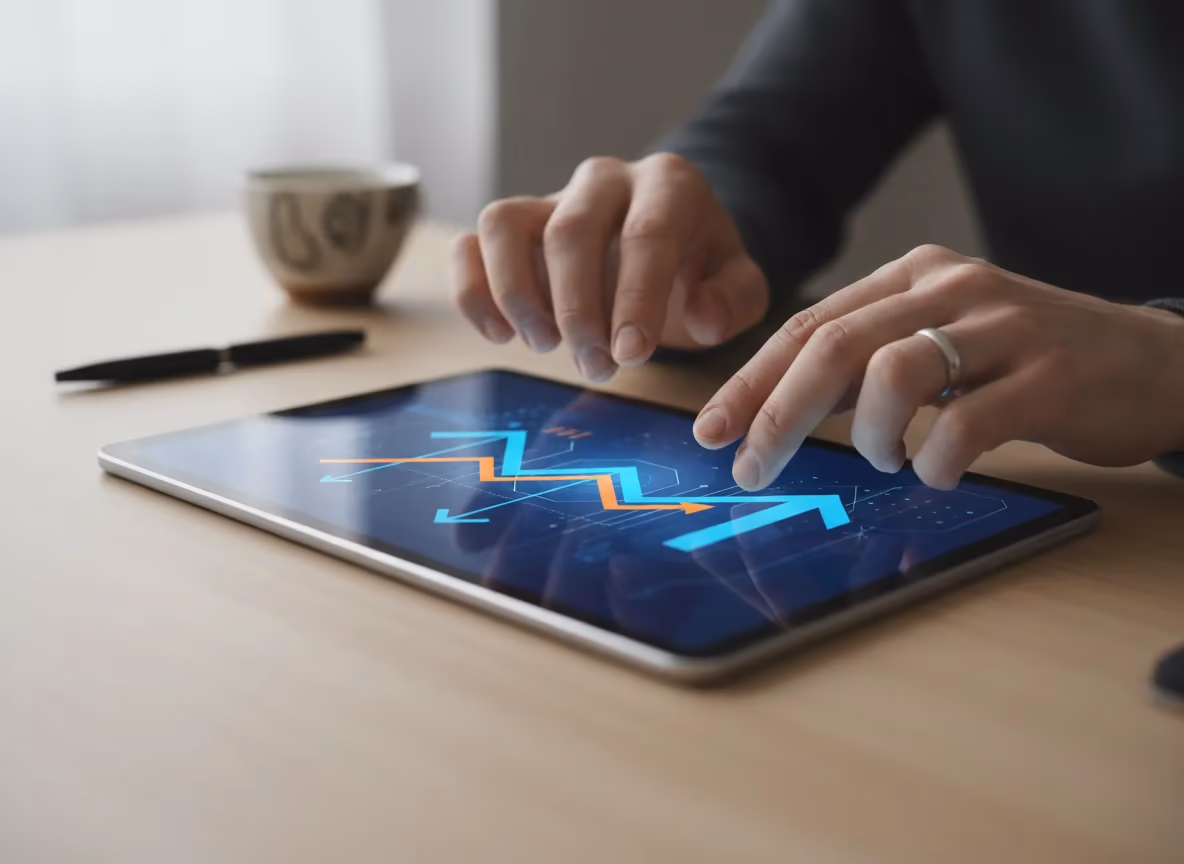 A person's hands interact with a tablet displaying an upward-trending financial graph on a wooden desk.