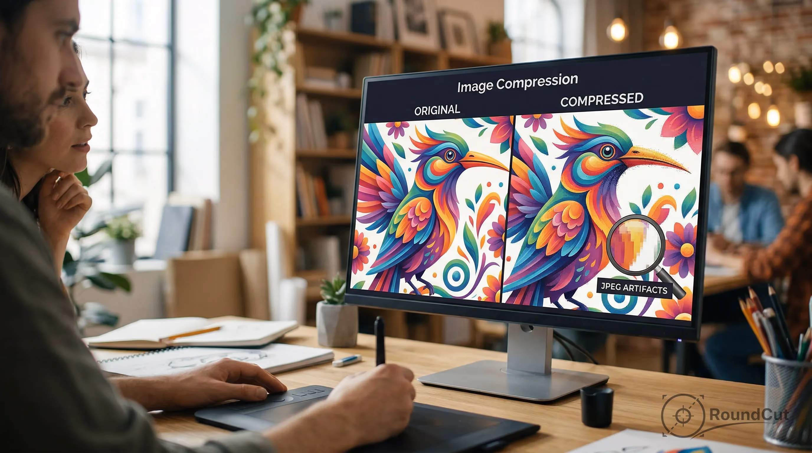 A graphic designer uses a tablet while a colleague observes a monitor displaying a side-by-side comparison of original