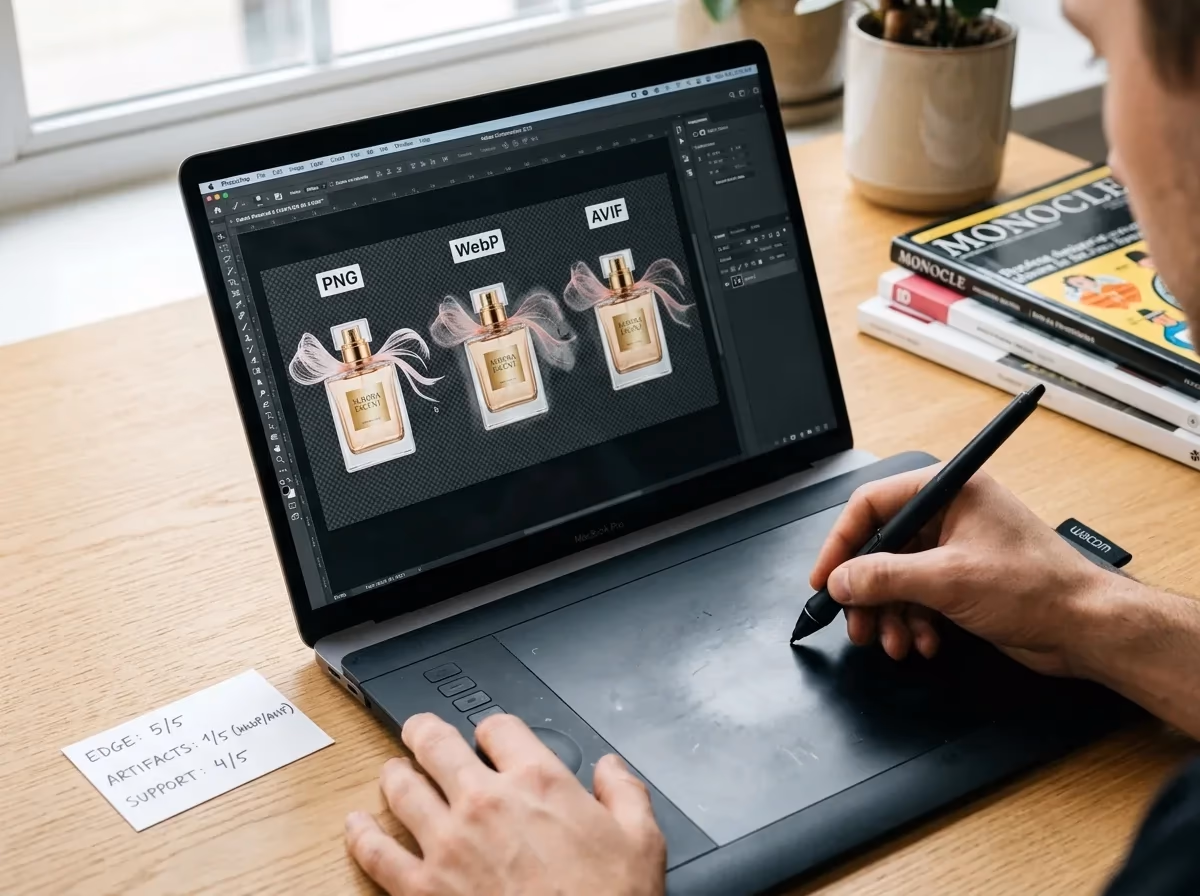 A person uses a Wacom tablet and a MacBook Pro to edit and compare perfume bottle images in PNG, WebP, and AVIF formats...