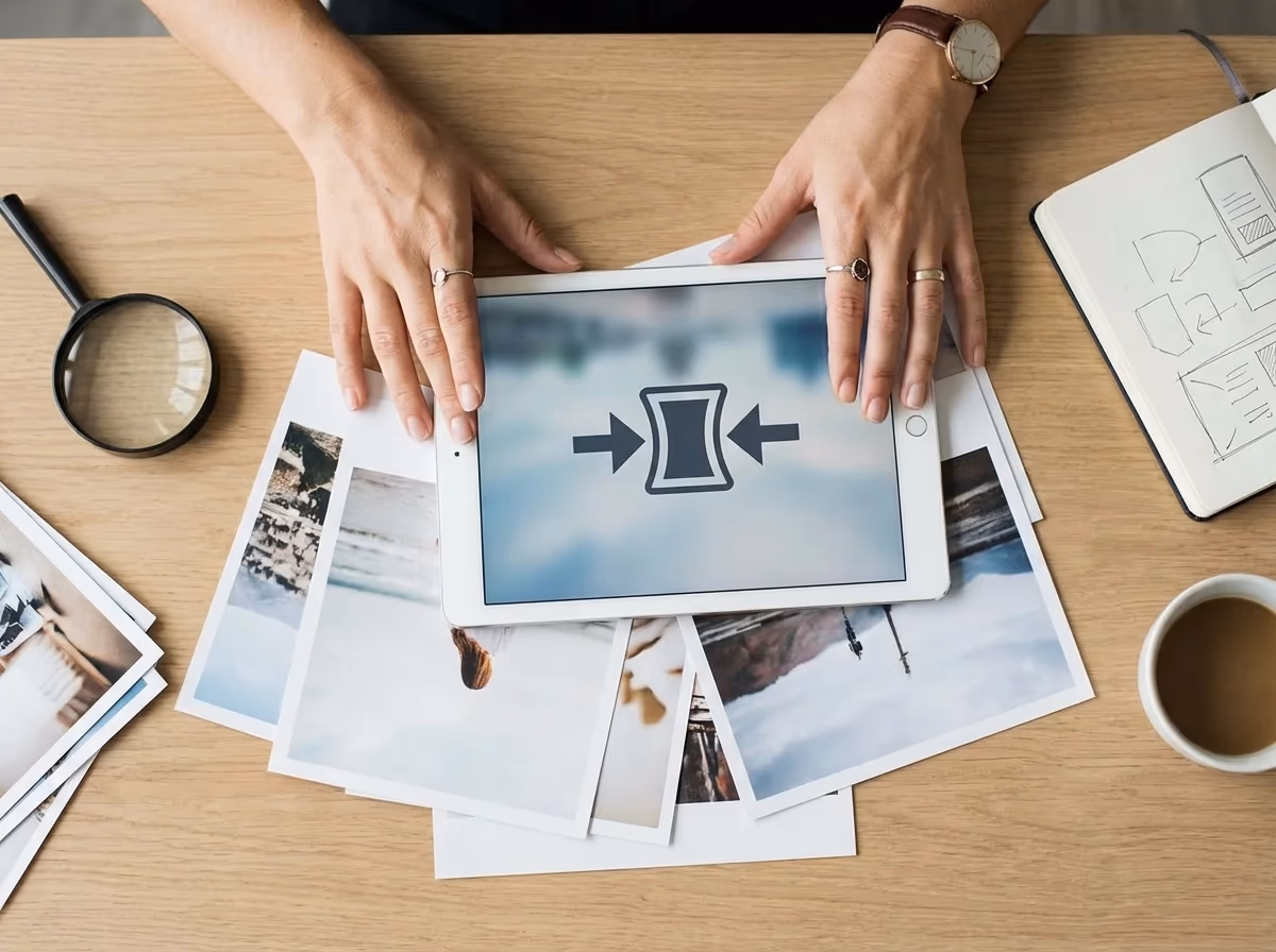 An overhead flat lay shows hands holding a tablet with a compression icon, surrounded by printed photos, a notebook, and a co