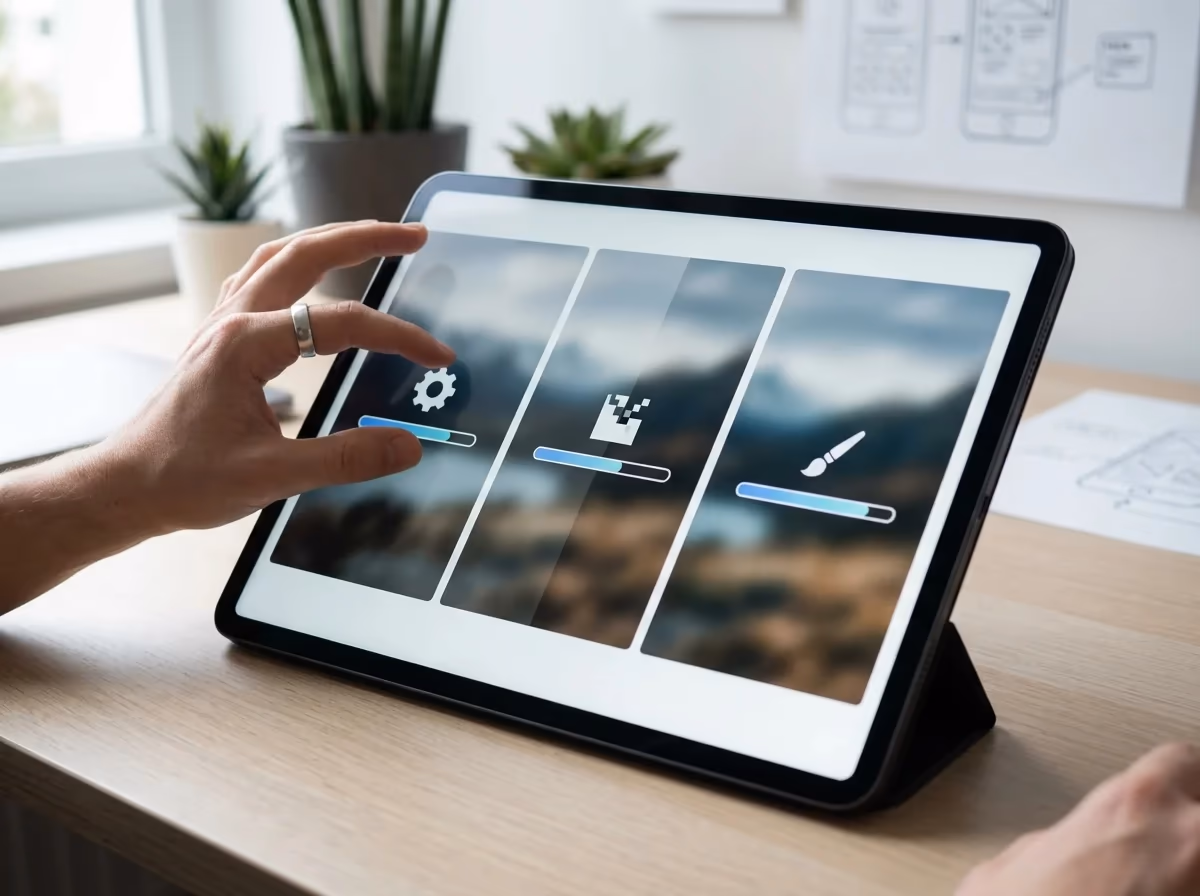 A hand interacts with a tablet displaying three progress bars for settings, data processing, and design.