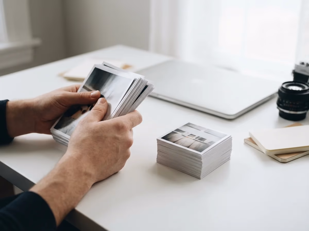 A person's hands hold a stack of printed photographs at a bright white desk with a laptop, camera, and other prints.
