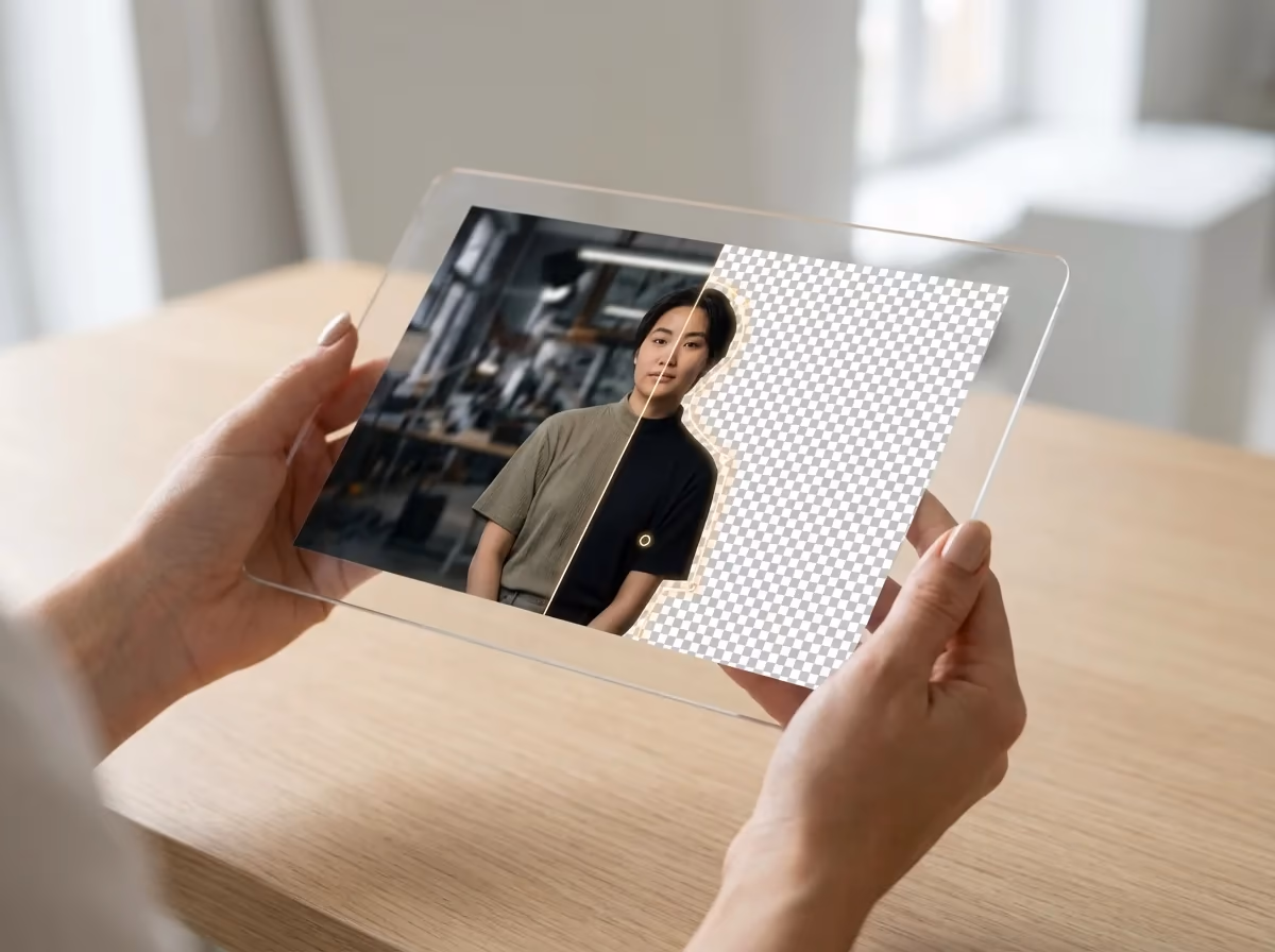 Hands hold a transparent tablet showing a woman's portrait with a split view of original and removed background.