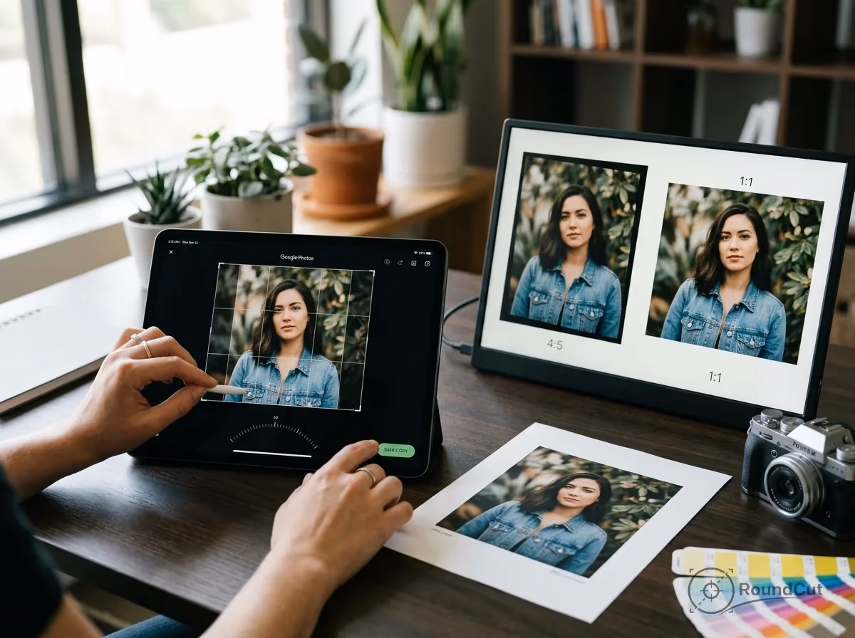 A person uses a tablet to crop a photo of a woman in Google Photos, with the image also displayed on a digital frame and...