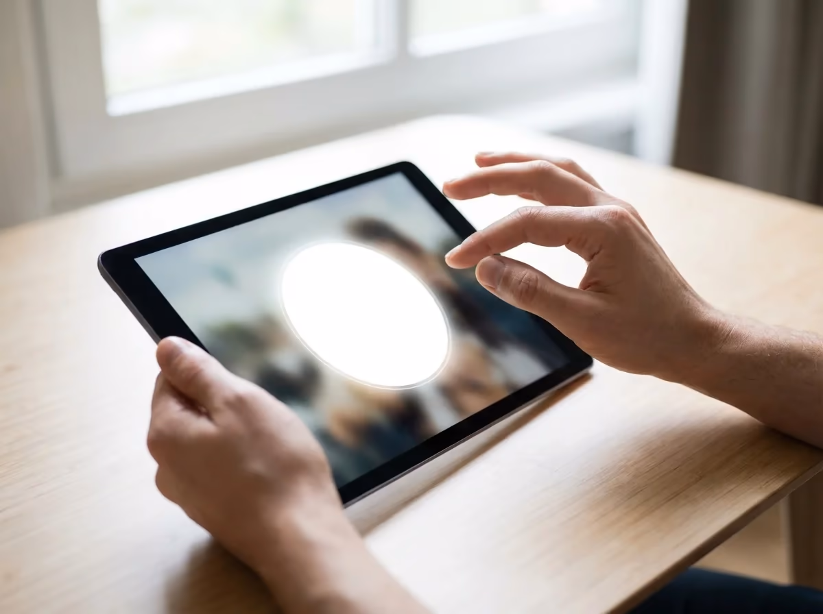 A person's hands interact with a tablet displaying a bright white circle on its screen, set on a wooden table.