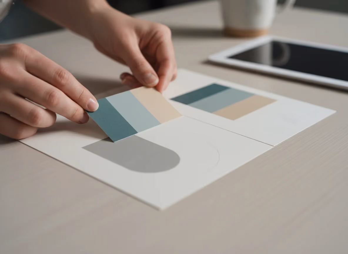 A person's hands are holding a color palette card with teal, light blue, and beige swatches over a design layout.