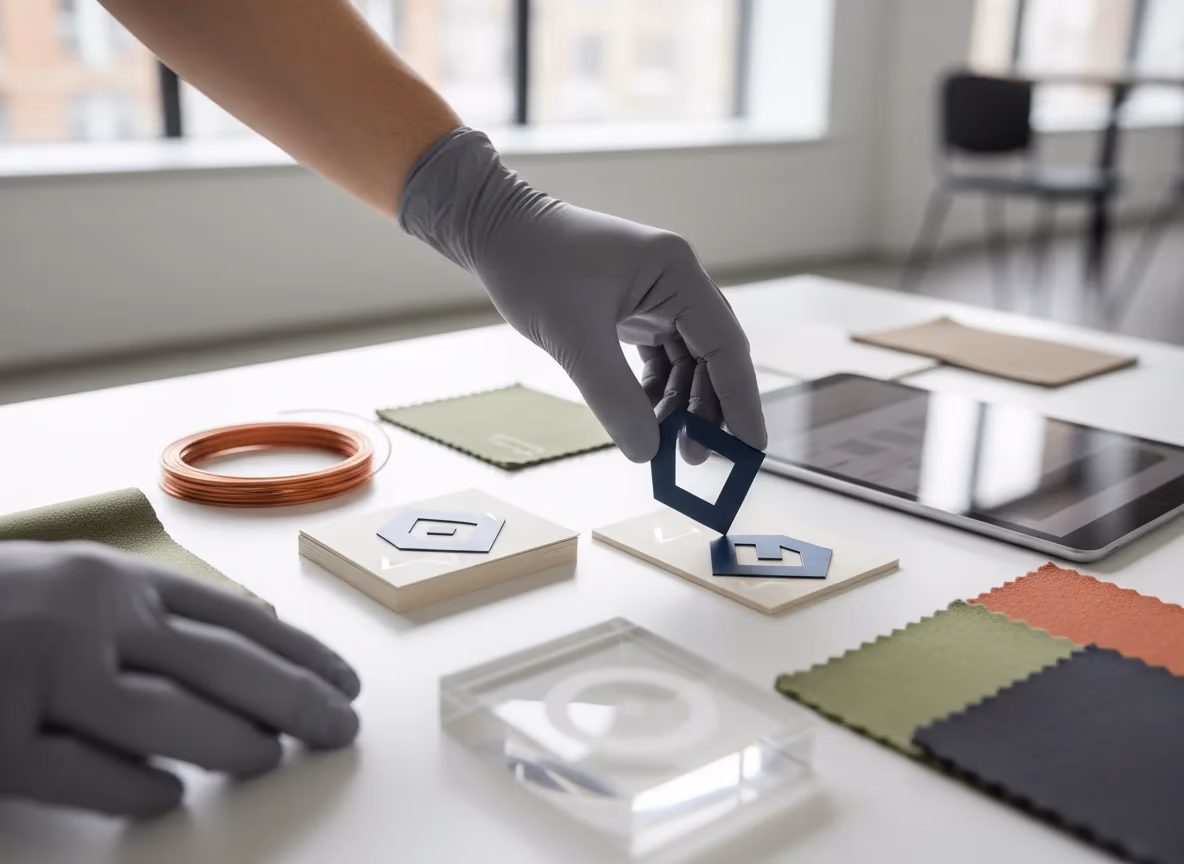 A gloved hand arranges various design samples and materials on a clean white table in a bright office.