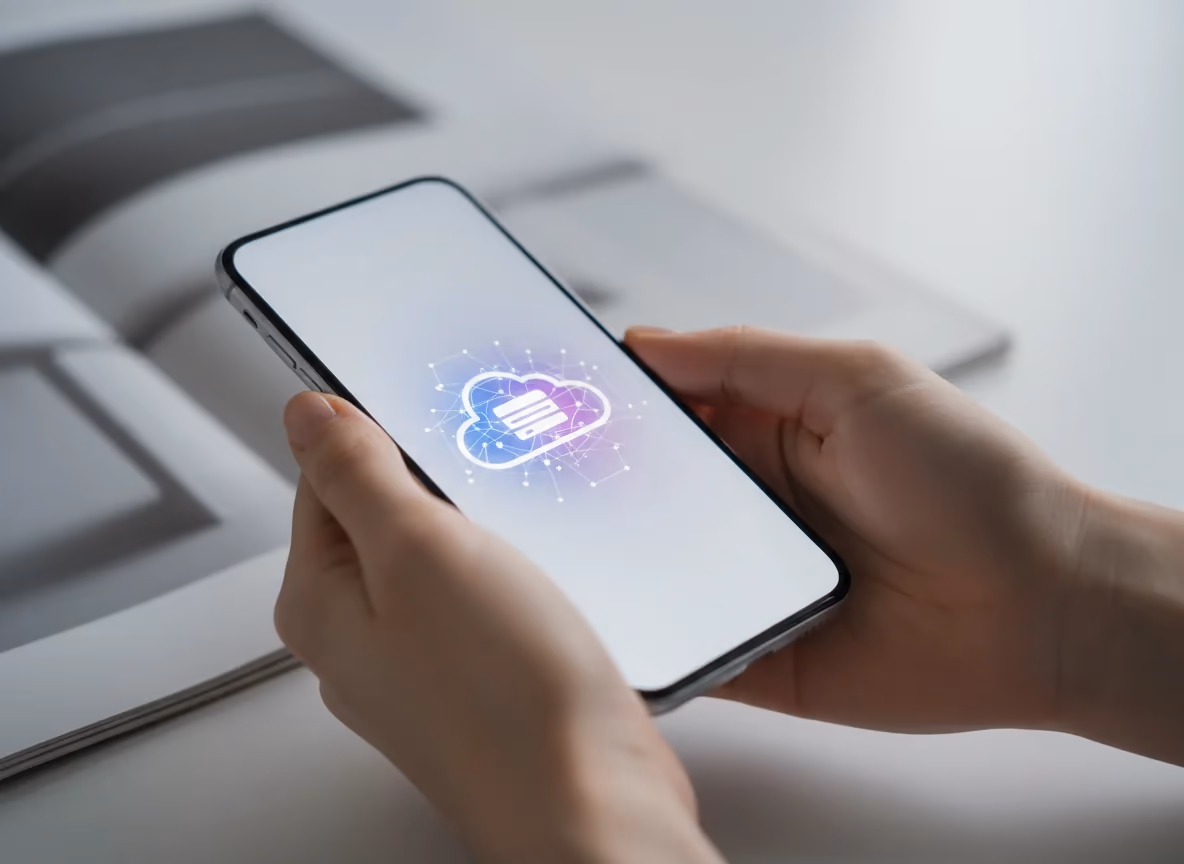 Hands hold a smartphone displaying a colorful cloud storage icon against a blurred white and grey background.