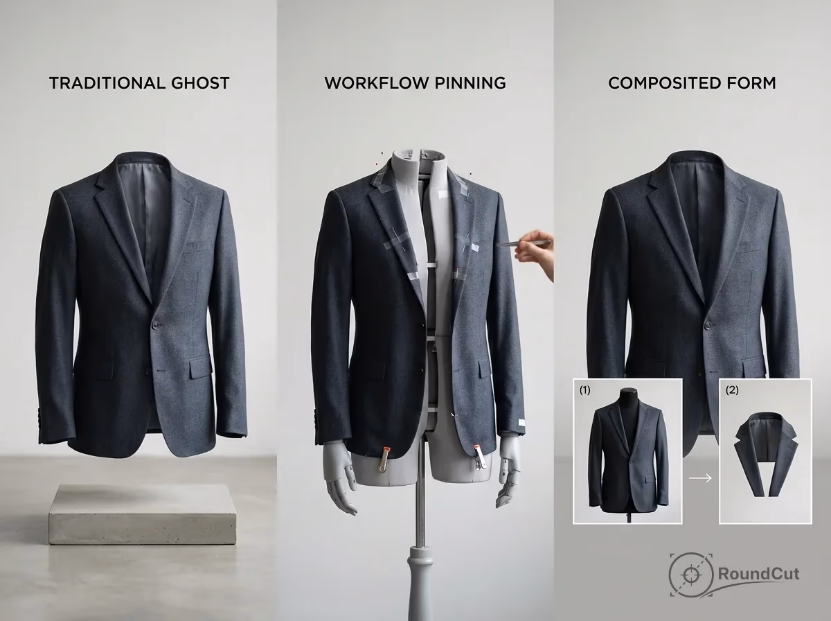 Image showcases three suit jacket photography methods: traditional ghost, workflow pinning on a mannequin, and a...
