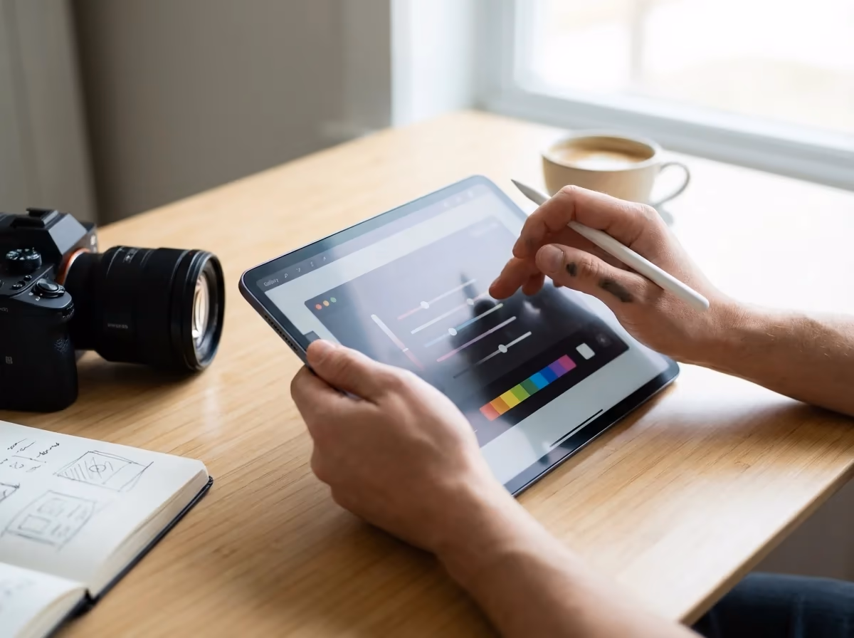 A person edits an image on a tablet with a stylus, alongside a camera and notebook on a wooden desk.