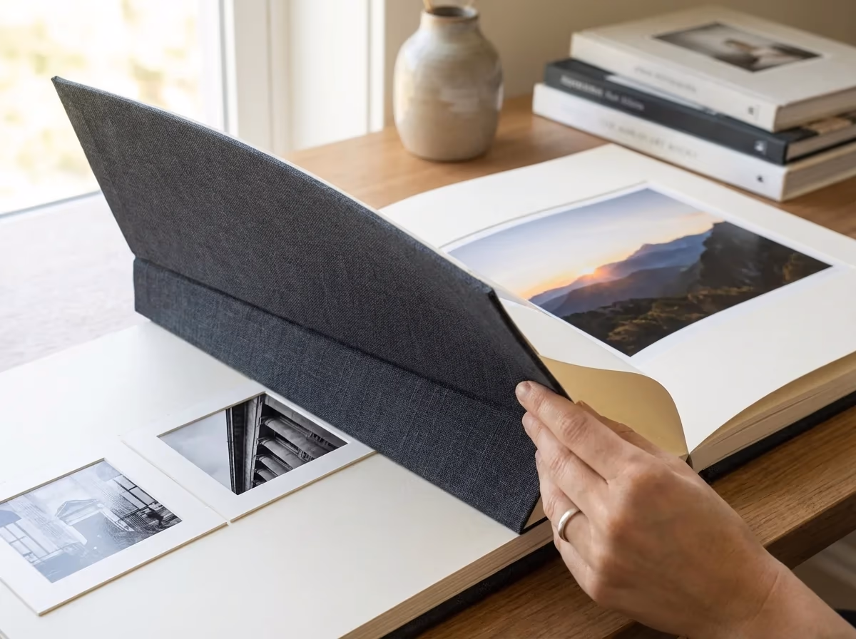 A person's hand turns the page of a premium photo album featuring both color landscape and monochrome architectural prints.