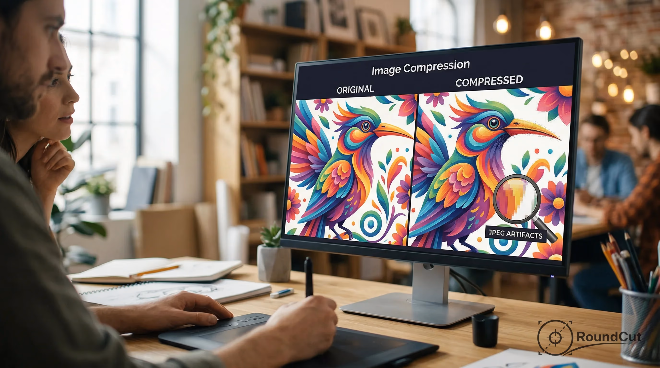 A graphic designer uses a tablet while a colleague observes a monitor displaying a side-by-side comparison of original