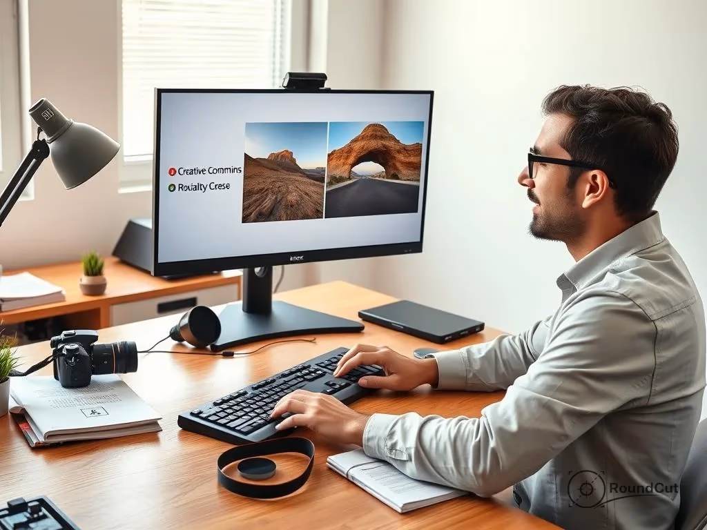 A man with glasses types on a keyboard while reviewing two landscape images with 'Creative Commons' and 'Royalty Free'...