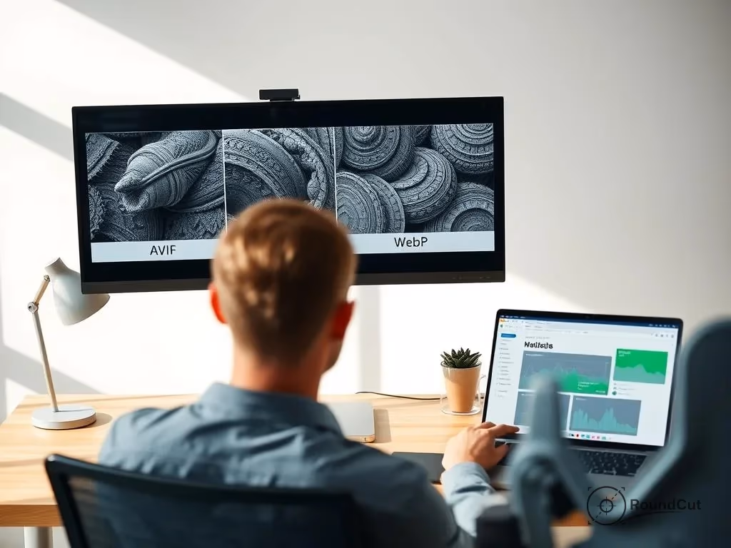 A person evaluates image compression formats (AVIF vs WebP) on a large monitor while simultaneously working on a laptop...