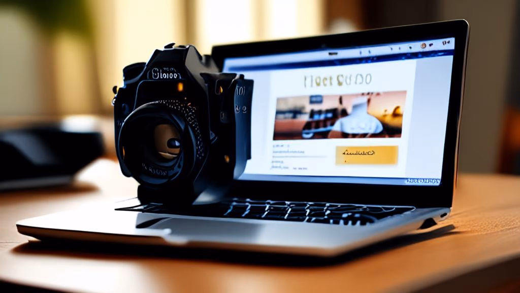 Close-up of a camera SD card and a laptop export dialog on screen, warm desk lamp lighting
