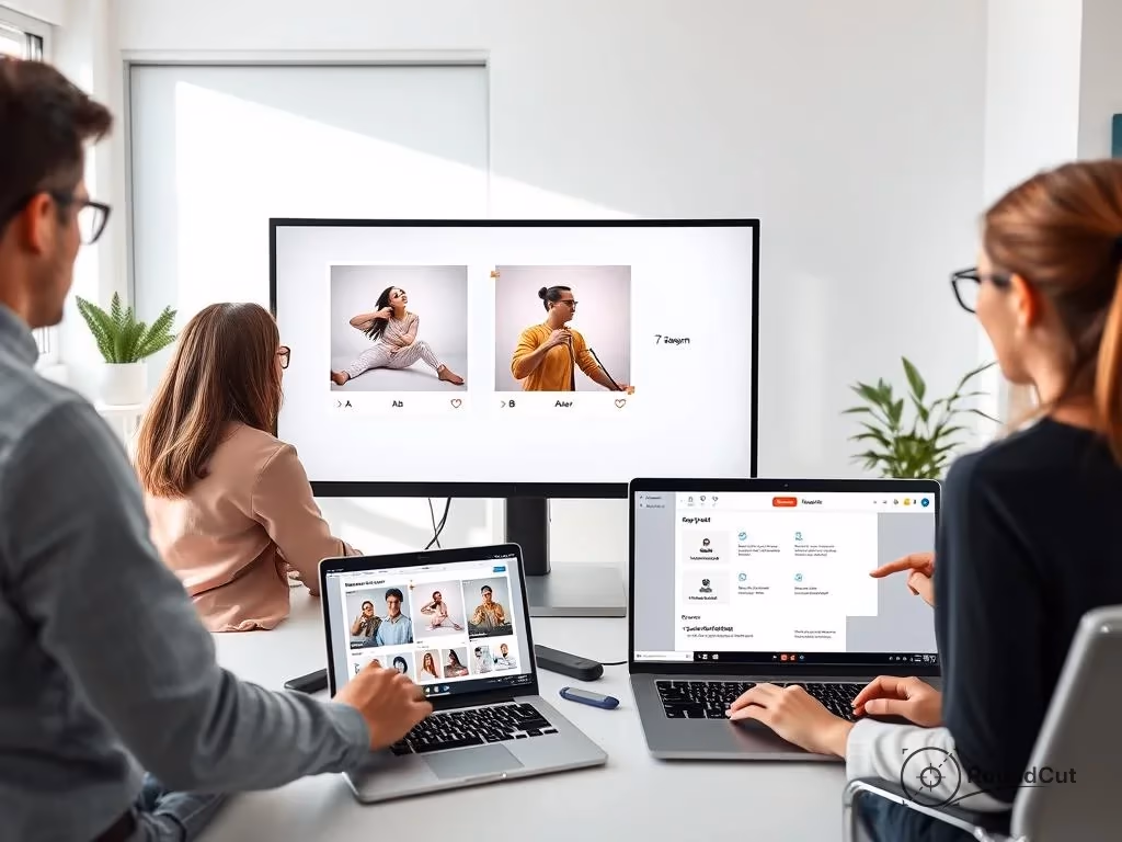 Three colleagues review image options on a large display and work on laptops, demonstrating a collaborative digital workflow