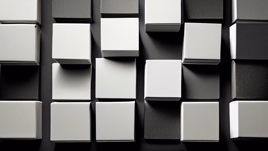 Nine identical matte-white cubes in a 3×3 grid on dark stone