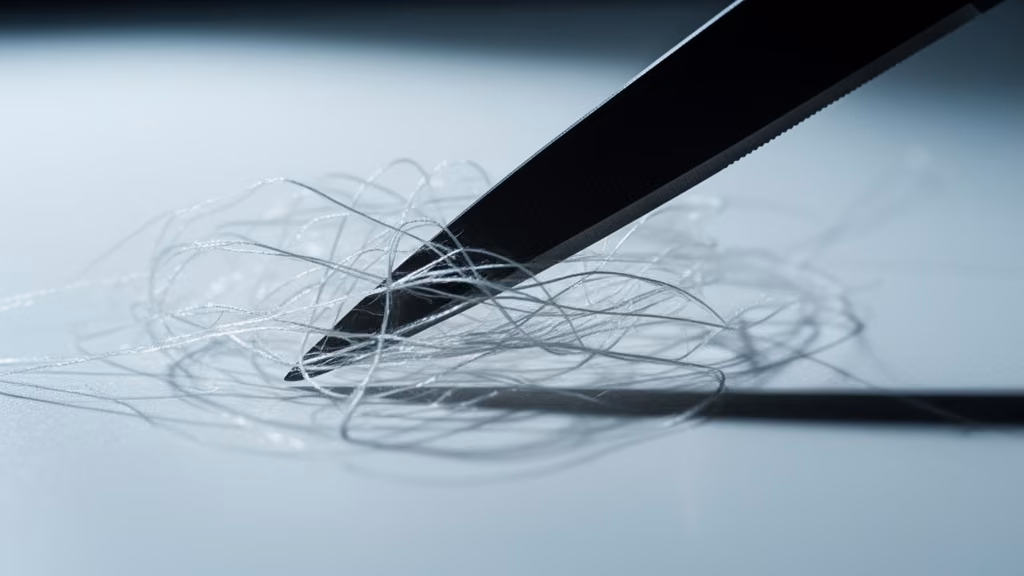 Macro close-up of tangled fibers being cut cleanly. Visual metaphor for edge fidelity at 200% zoom in background removal