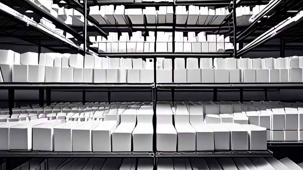 Rows of identical matte-white product boxes on a clean warehouse shelf fading into a strong vanishing point, signaling catalo