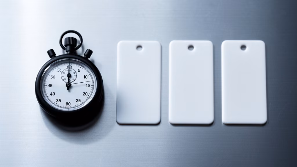 A top-down studio still life of an analog stopwatch on brushed aluminum beside three aligned blank matte product tags, black